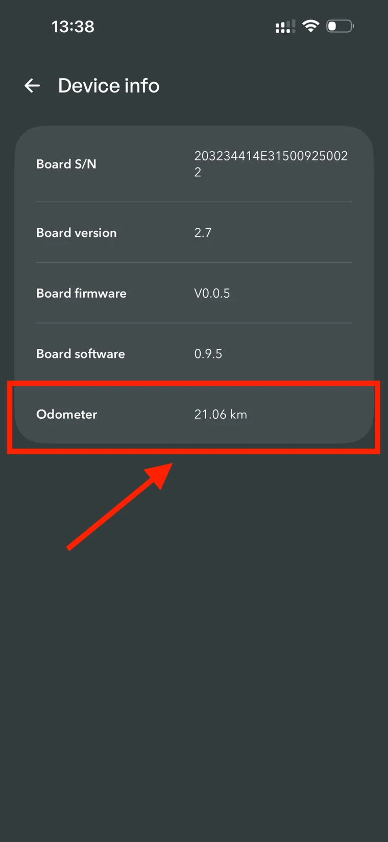 מסך Device info באפליקציית Skarper, כאשר שורת Odometer מסומנת